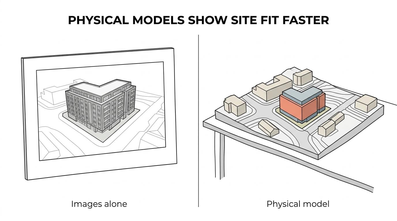 Side-by-side view of a physical architectural competition model versus renderings and presentation boards.