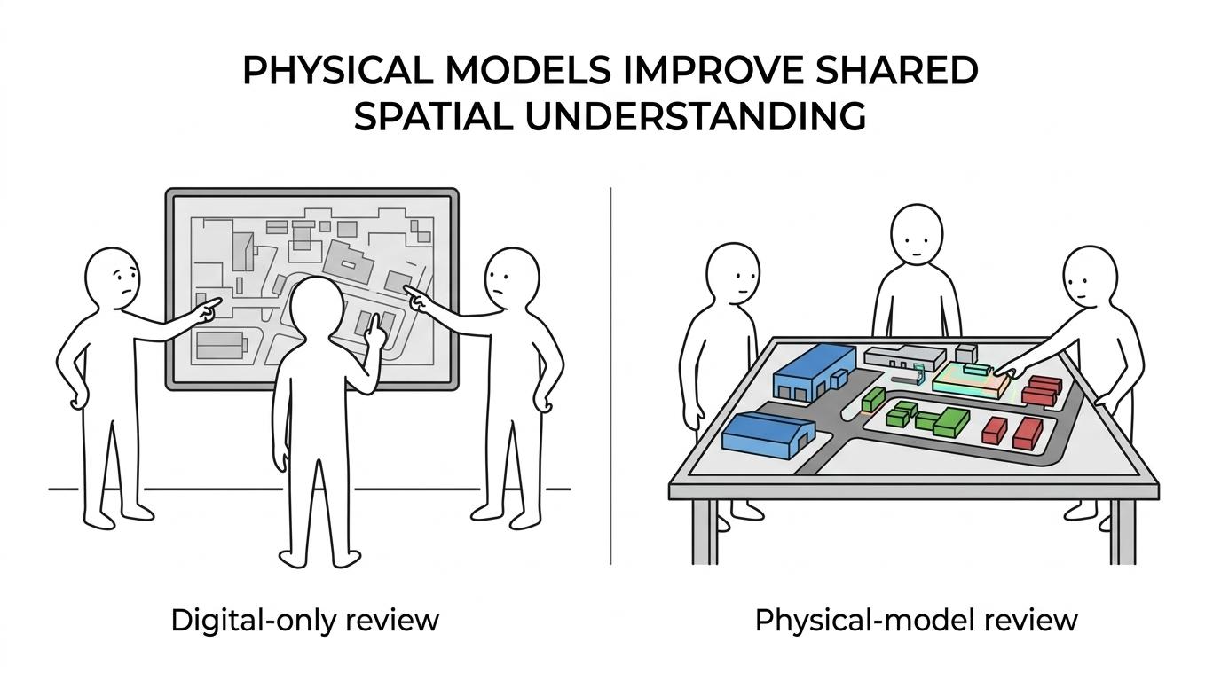 Side-by-side comparison of a physical factory model on a table and a digital factory model on a screen, highlighting differences in spatial understanding, feedback and collaboration.
