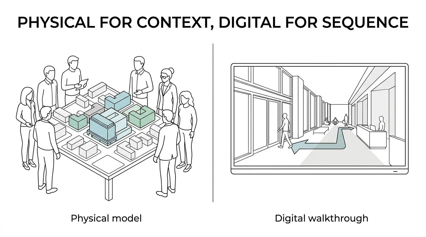 Side-by-side comparison of a physical architectural display model and a digital 3D walkthrough, showing what each is best for in a tender presentation.