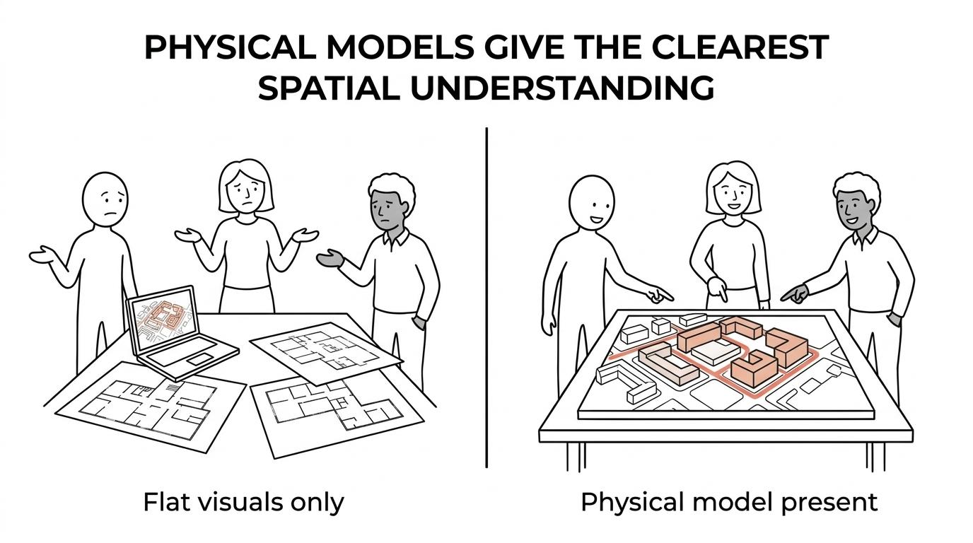 Side-by-side comparison of a physical architectural model, printed drawings, and a digital screen used to review the same development scheme.