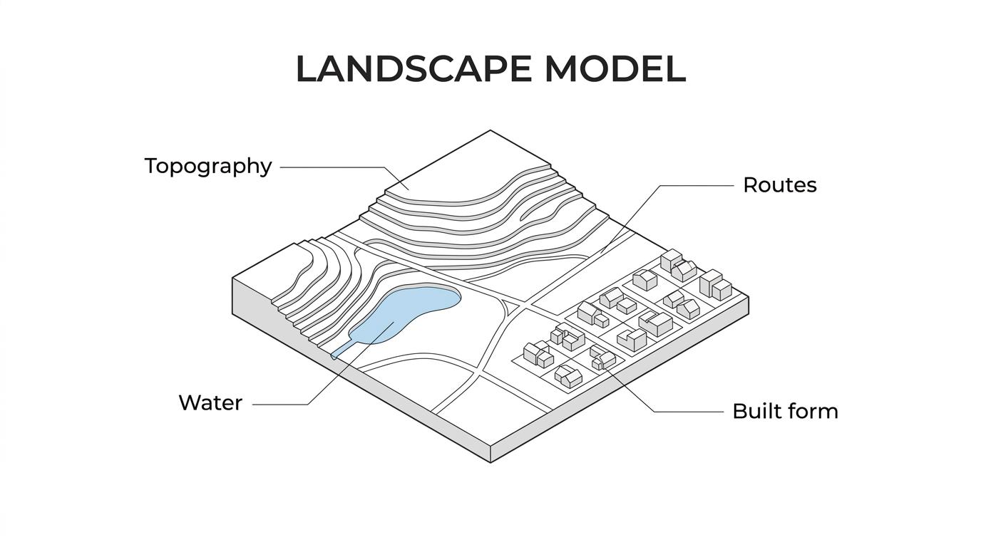 Labeled physical landscape masterplan model showing topography, water, streets, plots, public realm and building massing.