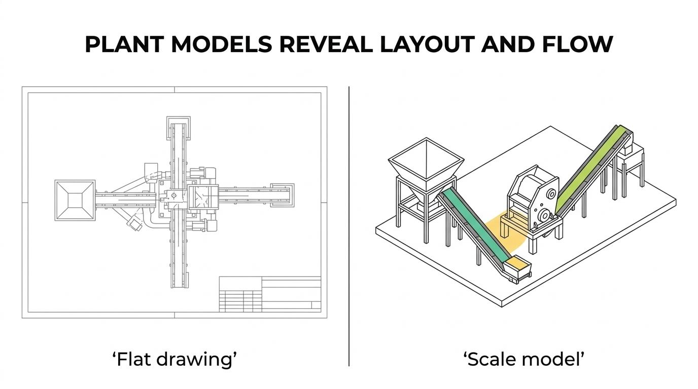 Side-by-side view of an industrial plant shown as a screen-based engineering drawing on one side and as a detailed physical scale model with conveyors, crushers and hoppers on the other.