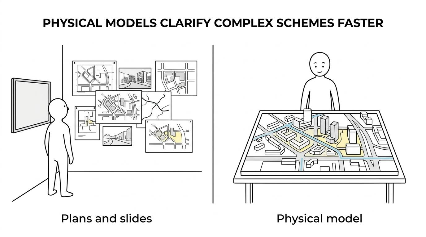 Side-by-side view of a complex development shown as plans and renders on screens versus a detailed illuminated physical model being reviewed in person.