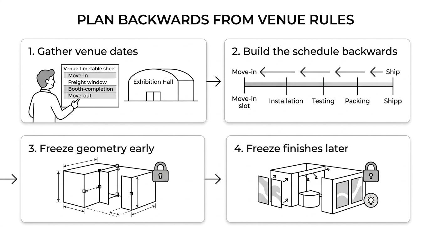 A step-by-step timeline showing venue move-in rules setting the schedule for shipping, packing, testing, assembly, and internal freeze points.