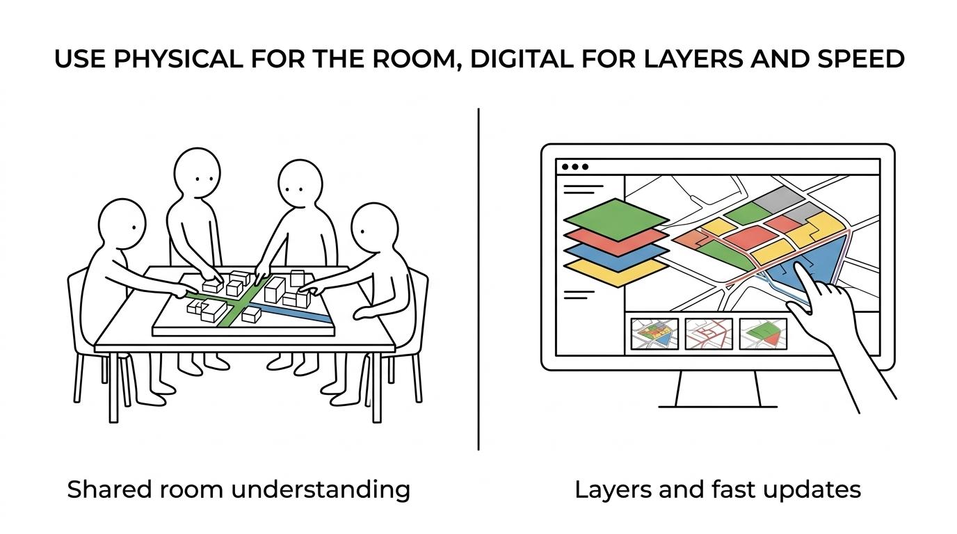 Side-by-side view of a physical town planning model with people gathered around it and a digital planning visualisation with layered map data on a screen.