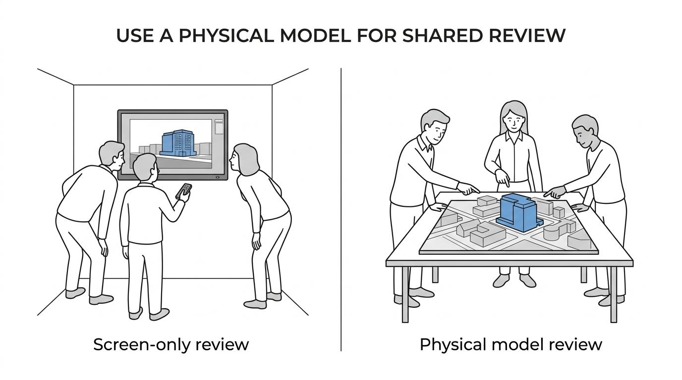 Side-by-side comparison of a physical architectural model used in a review meeting and digital CGI views used for remote viewing, option testing, and wider public communication.
