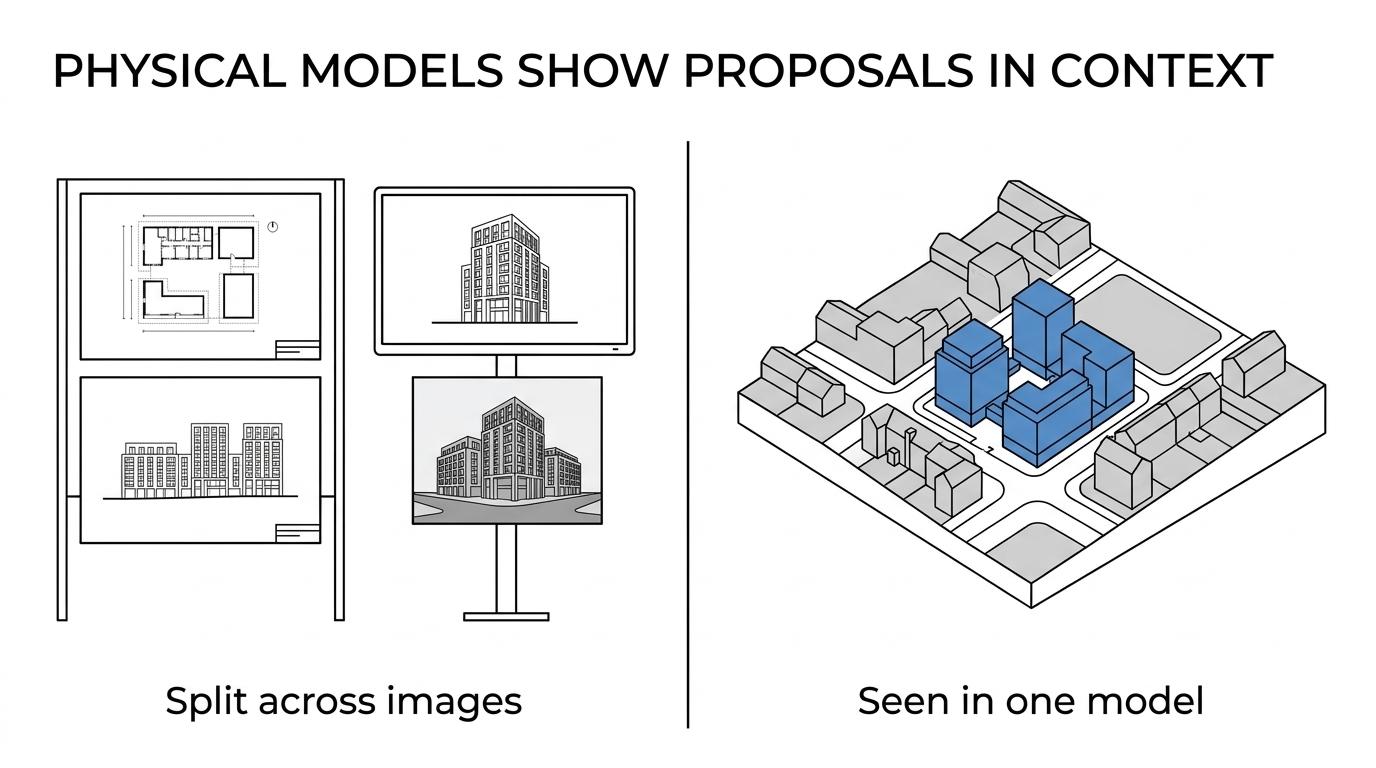 Side-by-side view of a planning board and a physical site model showing the same development proposal.