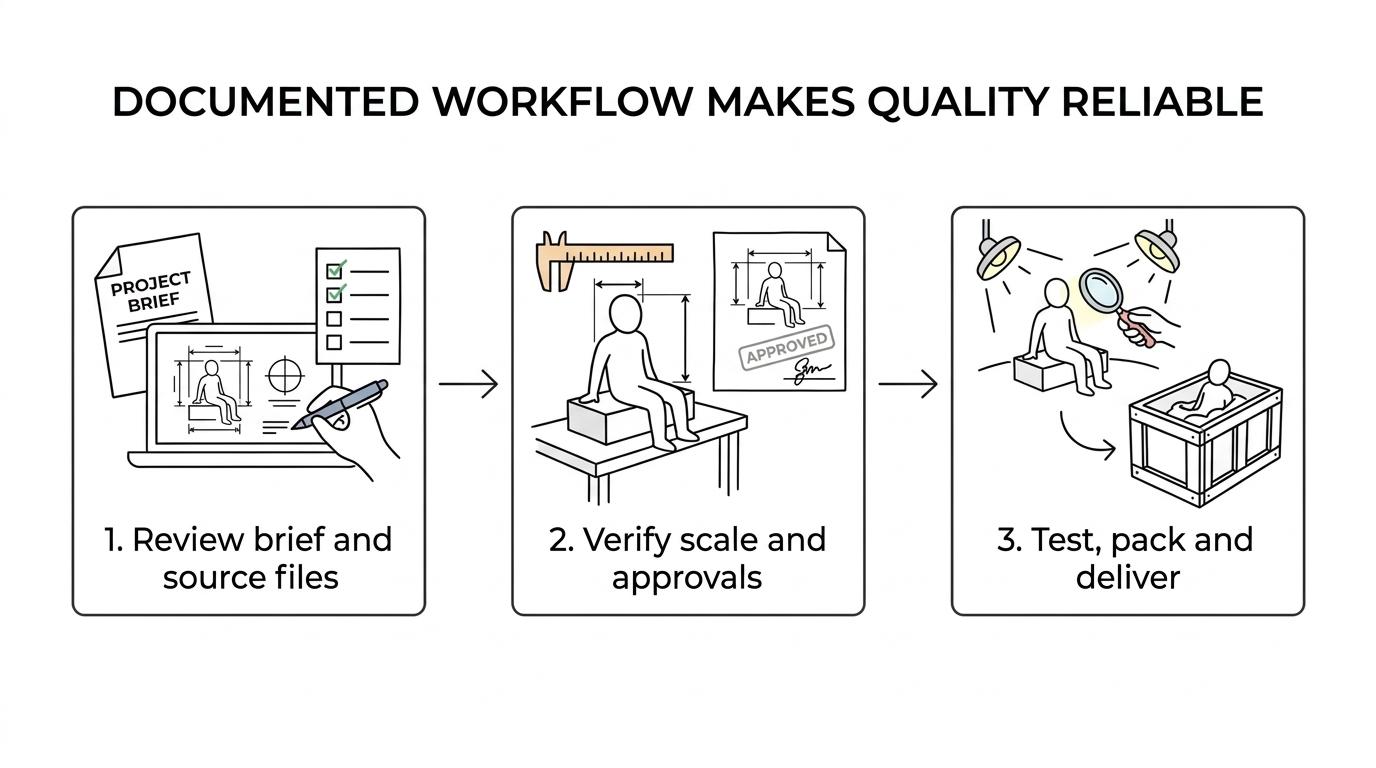 Flowchart showing model production from needs evaluation and source-file checks through approvals, fabrication, testing, packing, delivery, installation, and after-sales support.